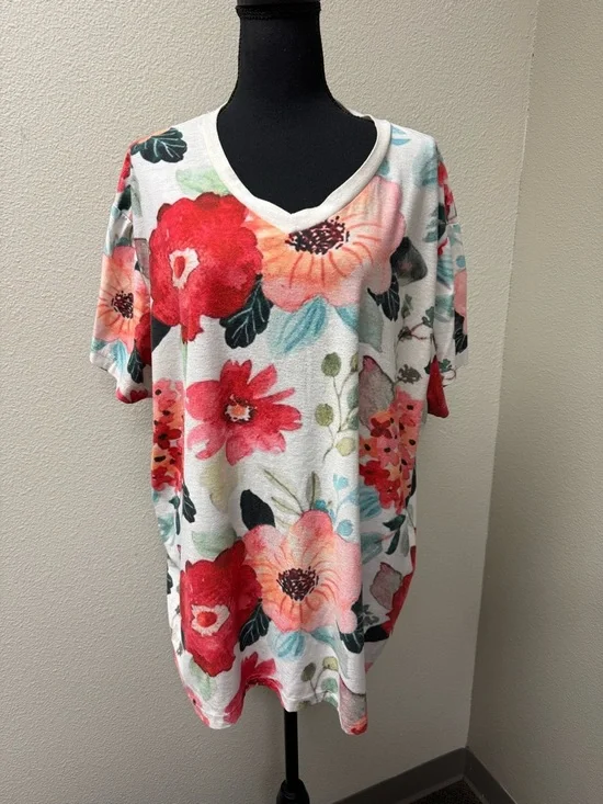 Floral V Neck Blouse 5XL Plus Size Red Orange White Boho Spring Summer Top - Picture 2 of 7